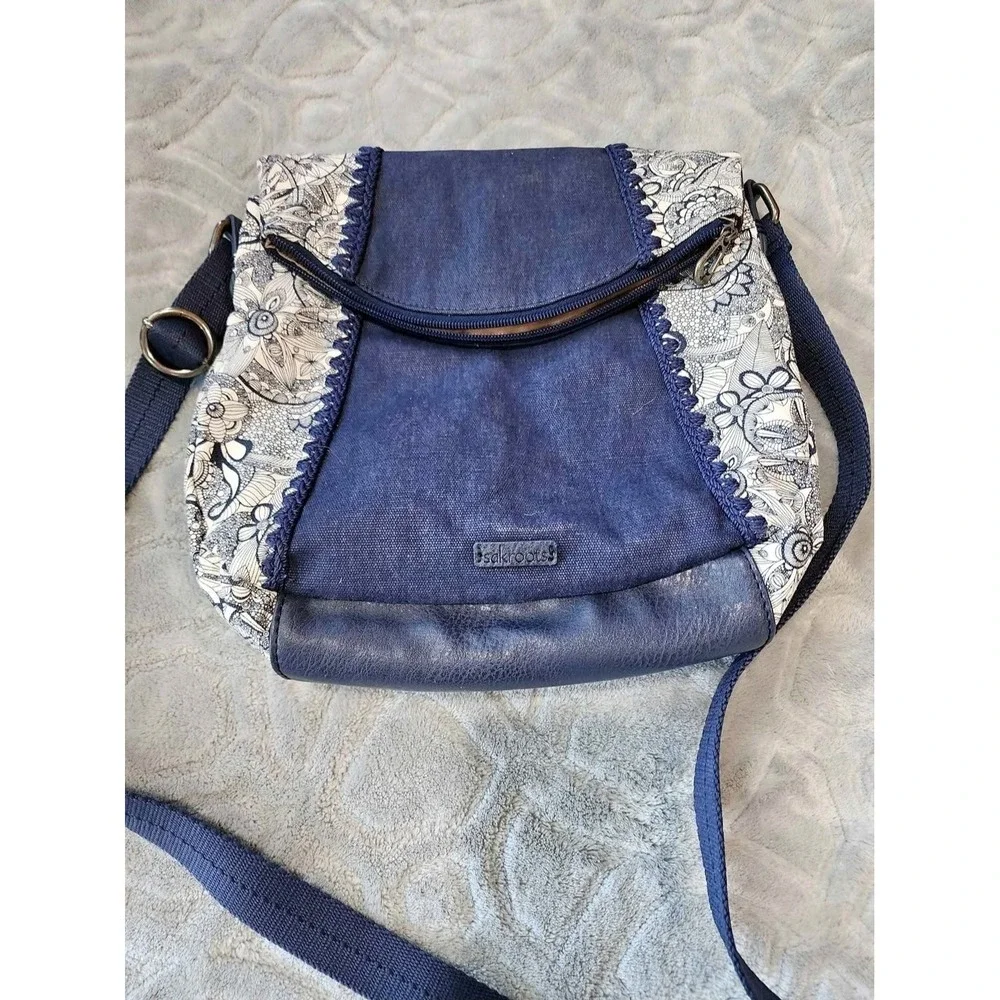 SAKROOTS Artist Circle Blue Denim Floral Canvas Fold-Over Crossbody Bag